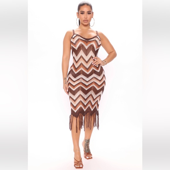 Almost Famous Dresses & Skirts - NWT Almost Famous Chevron Pointelle Fringe Boho Indie Retro Dress, L